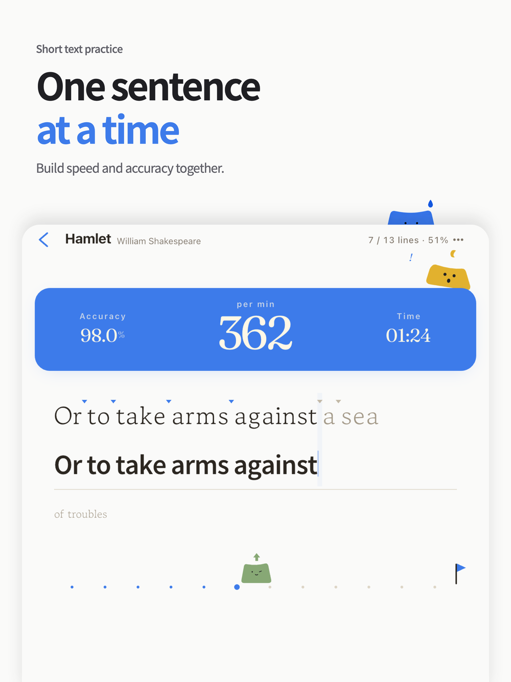 Real iPad short-text practice screen with typing speed and accuracy